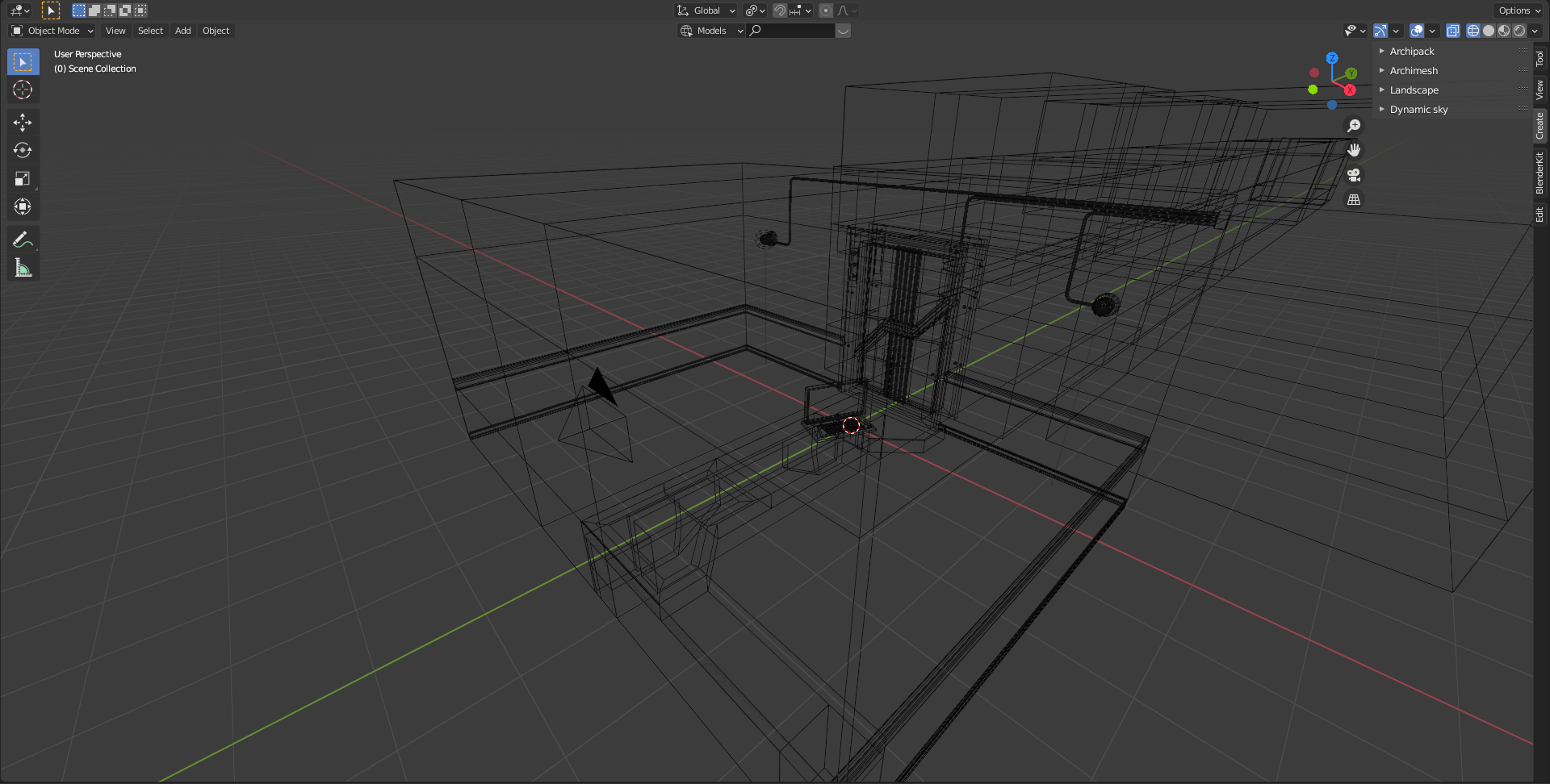 Wireframe view of one of the rooms for the animation.